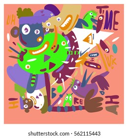 Vector illustration Hipster Hand drawn Crazy doodle cute Monster with drawing style. Vector illustration for poster, fabric printed, or wallpaper design.
