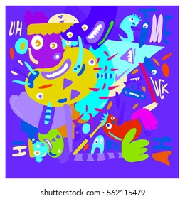 Vector illustration Hipster Hand drawn Crazy doodle cute Monster with drawing style. Vector illustration for poster, fabric printed, or wallpaper design.