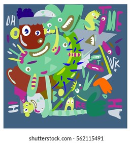 Vector illustration Hipster Hand drawn Crazy doodle cute Monster with drawing style. Vector illustration for poster, fabric printed, or wallpaper design.