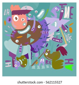 Vector illustration Hipster Hand drawn Crazy doodle cute Monster with drawing style. Vector illustration for poster, fabric printed, or wallpaper design.