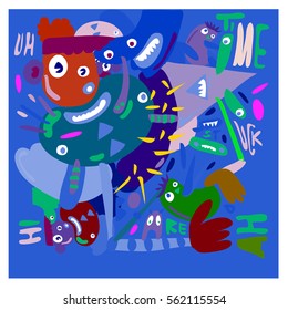 Vector illustration Hipster Hand drawn Crazy doodle cute Monster with drawing style. Vector illustration for poster, fabric printed, or wallpaper design.