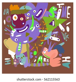 Vector illustration Hipster Hand drawn Crazy doodle cute Monster with drawing style. Vector illustration for poster, fabric printed, or wallpaper design.