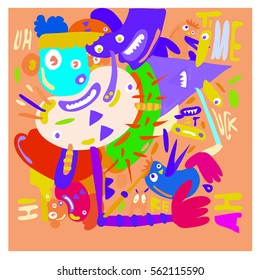 Vector illustration Hipster Hand drawn Crazy doodle cute Monster with drawing style. Vector illustration for poster, fabric printed, or wallpaper design.