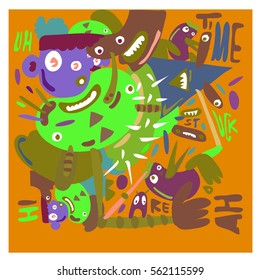 Vector illustration Hipster Hand drawn Crazy doodle cute Monster with drawing style. Vector illustration for poster, fabric printed, or wallpaper design.