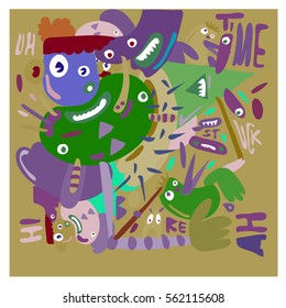 Vector illustration Hipster Hand drawn Crazy doodle cute Monster with drawing style. Vector illustration for poster, fabric printed, or wallpaper design.