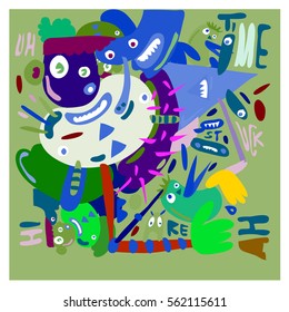 Vector illustration Hipster Hand drawn Crazy doodle cute Monster with drawing style. Vector illustration for poster, fabric printed, or wallpaper design.