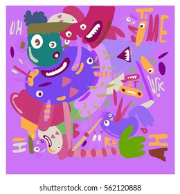 Vector illustration Hipster Hand drawn Crazy doodle cute Monster with drawing style. Vector illustration for poster, fabric printed, or wallpaper design.