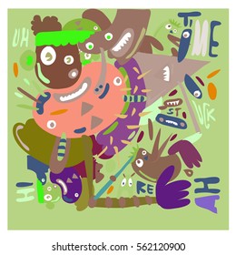 Vector illustration Hipster Hand drawn Crazy doodle cute Monster with drawing style. Vector illustration for poster, fabric printed, or wallpaper design.