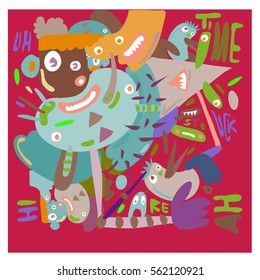 Vector illustration Hipster Hand drawn Crazy doodle cute Monster with drawing style. Vector illustration for poster, fabric printed, or wallpaper design.