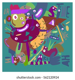 Vector illustration Hipster Hand drawn Crazy doodle cute Monster with drawing style. Vector illustration for poster, fabric printed, or wallpaper design.