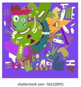 Vector illustration Hipster Hand drawn Crazy doodle cute Monster with drawing style. Vector illustration for poster, fabric printed, or wallpaper design.