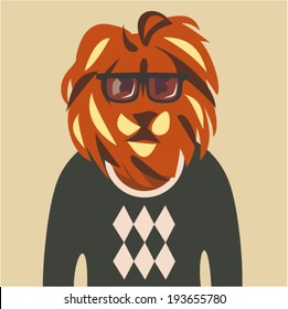 Vector illustration of hipster lion in sweater and glasses