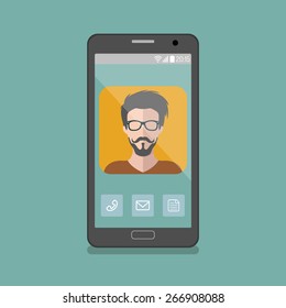 Vector illustration of hipster man app icon on smartphone display in flat style