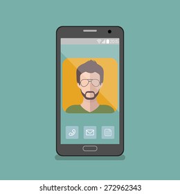 Vector illustration of hipster man app icon on smartphone display in flat style