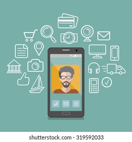 Vector illustration of hipster man app icon on smartphone display in flat style with social media images around him.