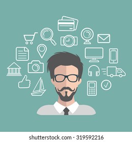 Vector illustration of hipster man app icon in flat style with social media images around him.