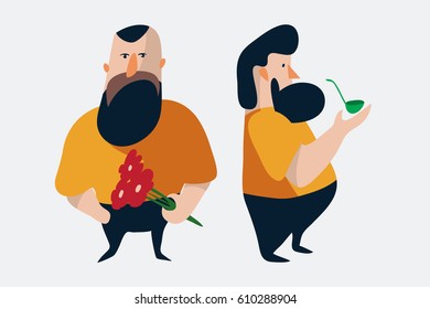 Vector illustration of hipster man with beard, flowers and pipe.