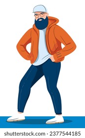 Vector illustration of a hipster man in an orange jacket and cap. hand-drawn vector illustration