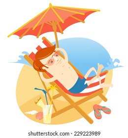 Vector illustration Hipster man sunbathing in the beach chair with cocktail. Flat style