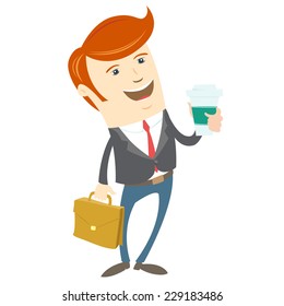 Vector illustration Hipster office man holding coffee and brief case. Flat style