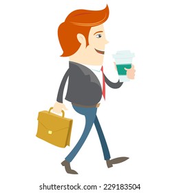 Vector illustration Hipster office man walking and holding coffee and brief case. Flat style