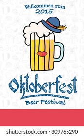 Vector illustration of hipster Oktoberfest logo. Beer Festival banner. Illustration of Bavarian festival design with hat, lips. Lettering typography for poster, card, postcard