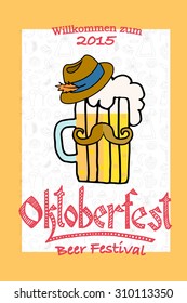 Vector illustration of hipster Oktoberfest logo. Beer Festival vector banner. Illustration of Bavarian festival design with hat, mustache. Lettering typography for poster, card, postcard
