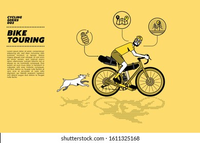 Vector illustration of a hipster on touring bike with bike packing and sleeping bag riding away from chasing dog. 