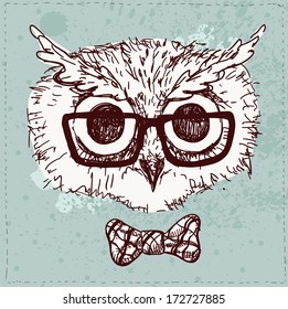 Vector Illustration of Hipster Owl,  vector illustration hand drawn with textured background