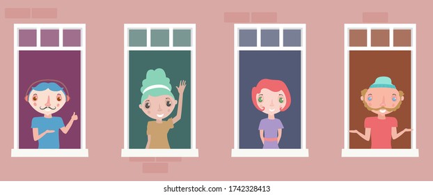 Vector illustration of hipster people look out the windows.