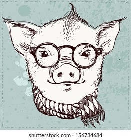 Vector illustration of hipster pig in glasses and scarf ,vintage textured background