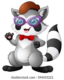 Vector illustration of Hipster raccoon wearing bow tie and glasses