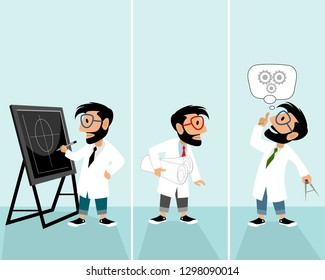 Vector illustration of hipster in the situation of invention