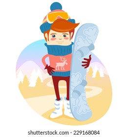 Vector illustration Hipster snowboarder in front of slopes with his board. Flat style