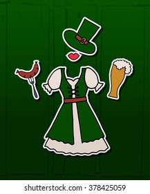 Vector illustration of hipster St.Patrick's Day card with elements.  badge, tag and icon on textured background. Drawn Irish objects for postcard, card, banner template. Design with beer, sausage