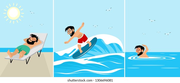 Vector illustration of hipsters on the sea