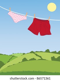 vector illustration of his and hers underwear hanging on a washing line with beautiful countryside background under blue sky in eps 10 format