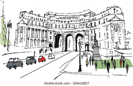 Vector illustration of historic arch, London England with pedestrians.