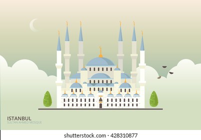 Vector illustration of historic mosque in Istanbul, Turkey. Sultan Ahmed Blue Mosque in flat style on clouds background for card print. Turkish religion architecture.