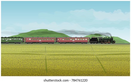 Vector Illustration: Historic Procession Train classic Led by steam locomotive world war generation With background landscape in fields mountains and sky in lifestyle nature countryside.