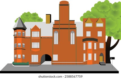 Vector illustration of a historic red brick building with Gothic and Victorian architectural elements. Perfect for real estate, urban design, heritage preservation, and architectural visualization