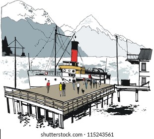 Vector illustration of historic steamship at wharf, Queenstown, New Zealand