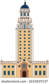 Ilustração vetorial de uma torre histórica com detalhes arquitetônicos complexos, apresentando cores quentes e composição simétrica