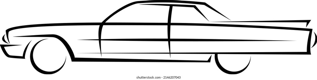 Vector illustration of a historical American muscle car silhouette from 1960s with long tail fins