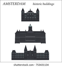Vector illustration of historical buildings in Amsterdam. For travel guide, poster or apparel design.