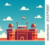 Vector illustration of the historical national monument Red Fort of Delhi with the Indian Flag flying above it