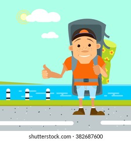 Vector illustration hitchhiker in flat style. Hitchhiker and tourist. Young man hitchhiker tourist on the beach with large backpack. Hitchhiker and traveler shows gesture hitchhiking. Young tourist.