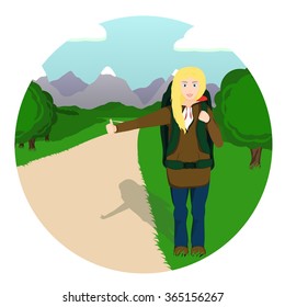 Vector illustration of hitch-hiker girl with backpack standing on the road in the mountains. Young woman traveler.