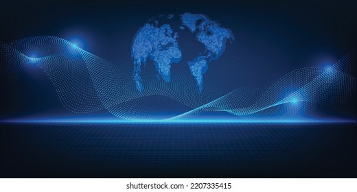 Vector illustration of hi-tech and futuristic horizontal digital space with wave wireframe dot connecting and hologram digital blue globe.Digital data innovation and communication concepts.