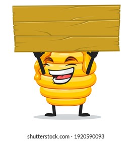 vector illustration of hive bee mascot or character holding blank wooden